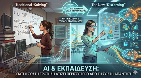 Από τον μαυροπίνακα στα ολογράμματα: Η ανθρώπινη κρίση παραμένει η πυξίδα στη νέα ψηφιακή εποχή... Εικονογράφηση που απεικονίζει τη συνεργασία της ανθρώπινης κρίσης με την Τεχνητή Νοημοσύνη, με φόντο μαθηματικά σύμβολα και κώδικα υπολογιστή.