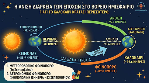 Η ελλειπτική τροχιά της Γης επηρεάζει την ταχύτητά της και τη διάρκεια των αστρονομικών εποχών Εκπαιδευτικό γράφημα που δείχνει τη Γη σε ελλειπτική τροχιά γύρω από τον Ήλιο, με ενδείξεις για Περιήλιο, Αφήλιο κλπ