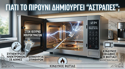 Το πιρούνι προκαλεί σπινθήρες και "αστραπές" μέσα σε αναμμένο φούρνο μικροκυμάτων Εικόνα που δείχνει φούρνο μικροκυμάτων με πιρούνι που βγάζει σπινθήρες και ελληνικό κείμενο που εξηγεί τον κίνδυνο φωτιάς