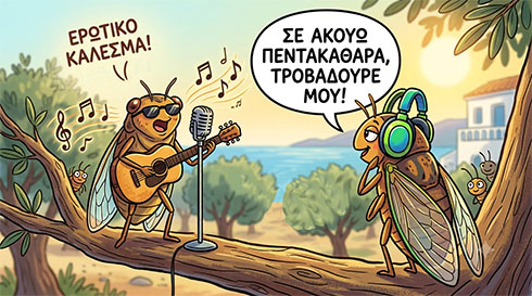 Τα θηλυκά τζιτζίκια όχι μόνο δεν είναι κουφά, αλλά συντονίζονται απόλυτα με τη μελωδία του αρσενικού! Έγχρωμο σκίτσο κόμικ με δύο τζιτζίκια σε κλαδί ελιάς.