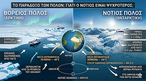 Συγκριτικό γράφημα των δύο πόλων που εξηγεί με γραφικά και κείμενο γιατί ο Νότιος Πόλος είναι ψυχρότερος από τον Βόρειο.