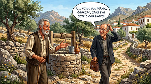 Ο δικηγόρος απομακρύνεται απογοητευμένος και σκεπτικός, καθώς ο δάσκαλος του θυμίζει ποιος έχει το πάνω χέρι στην εξυπνάδα... Ο δάσκαλος εξηγεί στον αμήχανο δικηγόρο τους νέους όρους του... ενοικίου, δίπλα στο πηγάδι της έριδος.