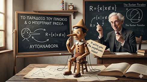 Ο Πινόκιο και ο Μπέρτραντ Ράσελ μπροστά από μαυροπίνακες που επεξηγούν το παράδοξο της αυτοαναφοράς και τη θεωρία συνόλων